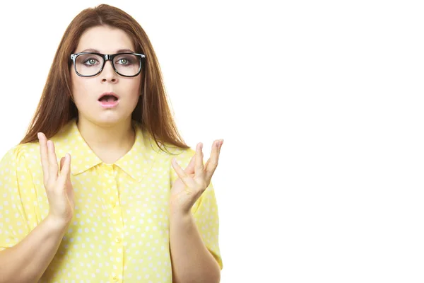 Shocked amazed woman gesturing with hands — Stock Photo, Image