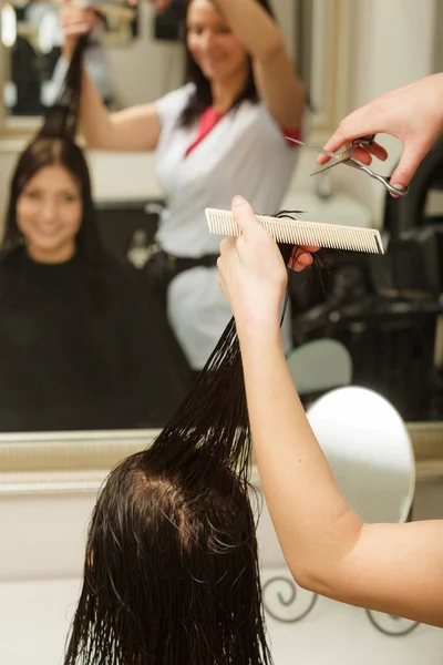 Парикмахер стрижет темные волосы с помощью профессиональных ножниц — стоковое фото