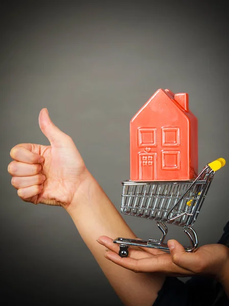 Woman hand holding shopping cart with house inside — Stock Photo, Image