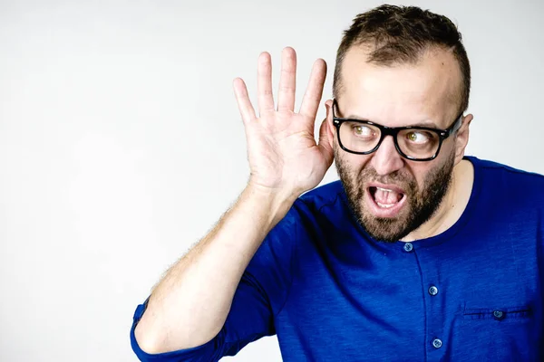 Adult man in eyeglasses cant hear — Stock Photo, Image