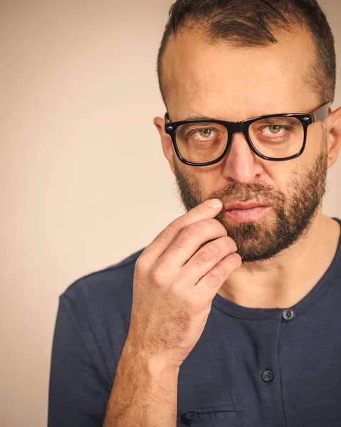 Adult Clever Guy Wearing Eyeglasses Blue Shirt Having Thinking Focused — Stock Photo, Image