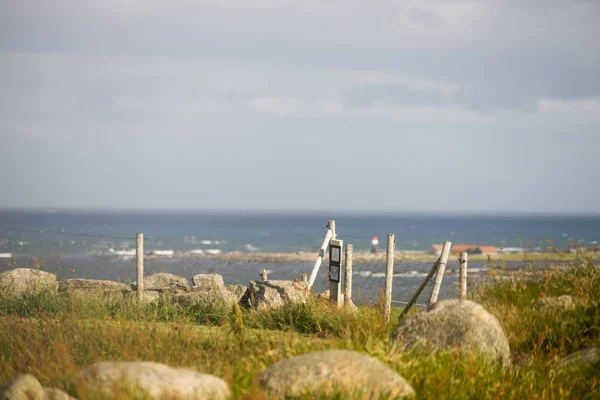 해안에는 시골 풍경이 펼쳐져 있고 해 안 에는 울타리가 쳐져 있다 — 스톡 사진
