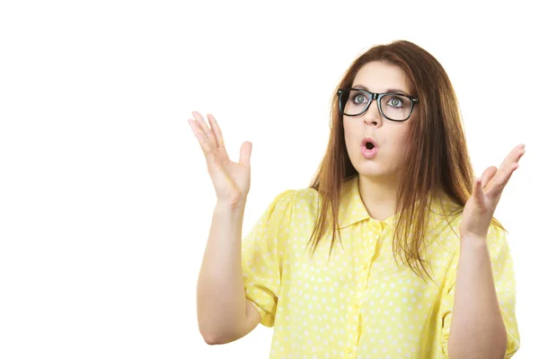 Shocked amazed woman gesturing with hands — Stock Photo, Image