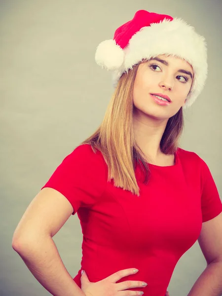 Myslí žena nosí Santa Claus pomocné kostým — Stock fotografie