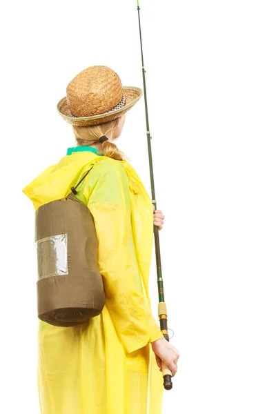 Mulher com haste de pesca, equipamento de fiação — Fotografia de Stock