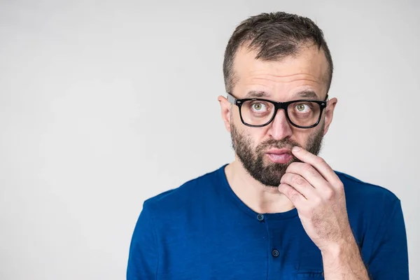 Adult Clever Guy Wearing Eyeglasses Blue Shirt Having Thinking Focused — Stock Photo, Image