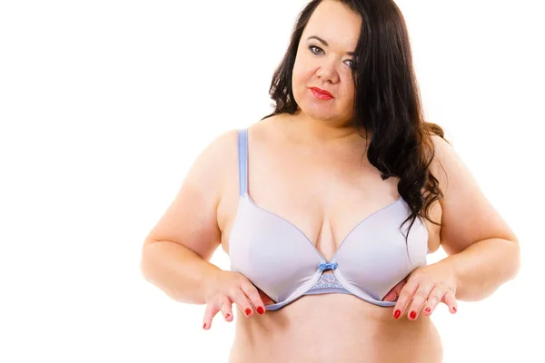 Fet kvinna stora bröst bär BH — Stockfoto