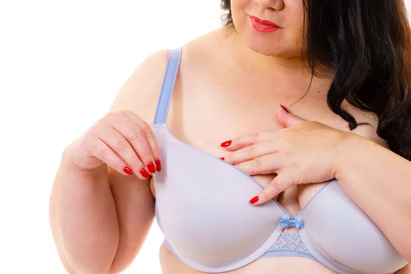 Fat woman big breast wearing bra — Stock Photo, Image