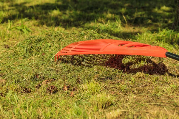 Roter Kunststoffharke auf dem Boden. — Stockfoto