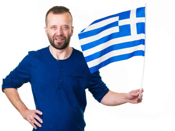 화이트에 깃발을 흔들며 그리스 사람 — 스톡 사진