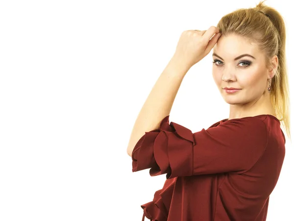 Stylish woman wearing burgundy top — Stock Photo, Image