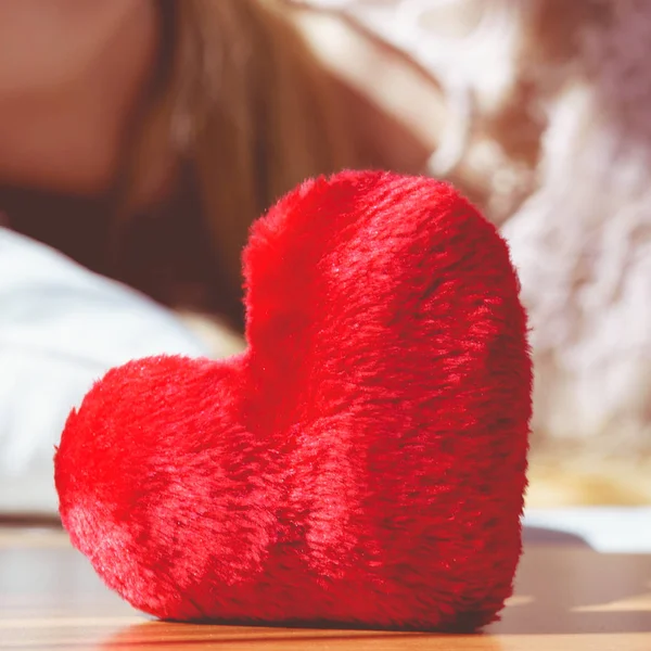 Close up of heart shaped red pillow — Stock Photo, Image