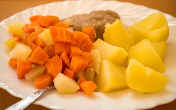 Diner maaltijd, gestoofd wortel, gekookte aardappelen en vlees — Stockfoto