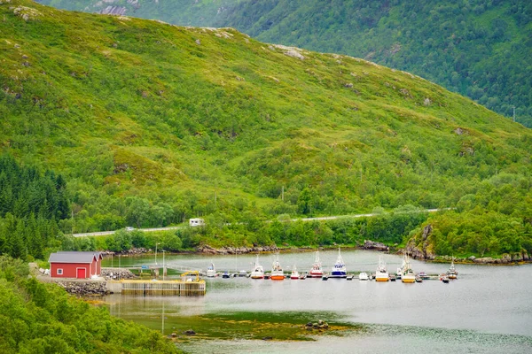 Fjordlandskap med fiskebåtar i hamn — Stockfoto