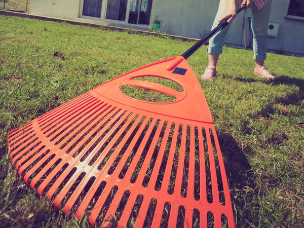 Unusual angle of woman raking leaves