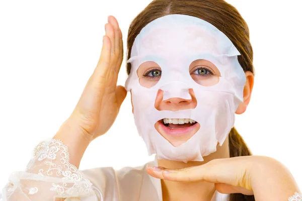 Woman Applying Sheet Mask Her Face White Girl Taking Care — Stock Photo, Image