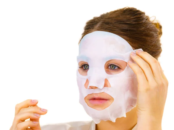 Woman Applying Sheet Mask Her Face White Girl Taking Care — Stock Photo, Image