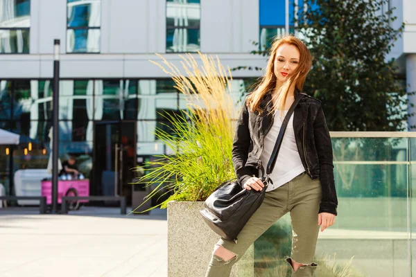 Fashionable Woman Trendy Casual Outfit Black Ramones Jacket Walking Outdoor — Stock Photo, Image