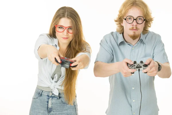 Very Emotional Couple Enjoying Leisure Time Playing Video Games Together — Stock Photo, Image