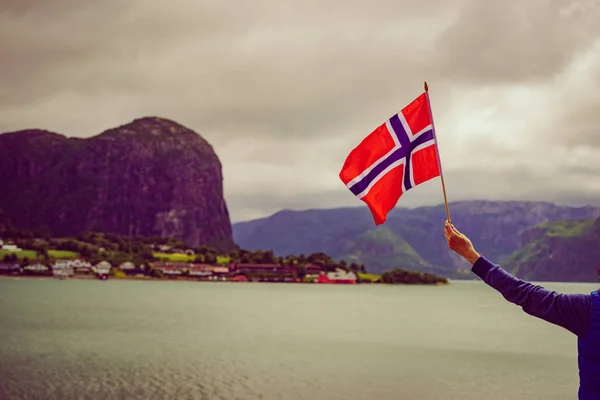 Turista Femenina Con Bandera Noruega Disfrutando Vista Del Fiordo Lysefjord —  Fotos de Stock