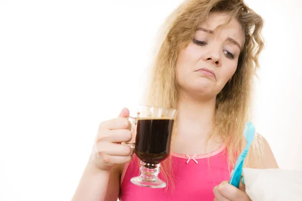 Cansado Sonolento Rabugento Mulher Segurando Escova Dentes Café Vai Escovar — Fotografia de Stock