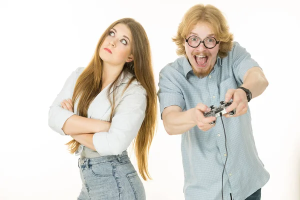 Woman Mad Her Boyfriend Because Play Video Games Being Addicted — Stock Photo, Image