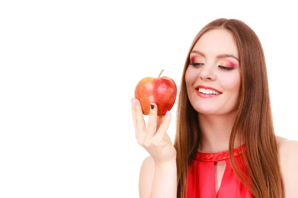 Ayrı Tutma Büyük Kırmızı Elma Meyve Kadın Uzun Saçlı Renkli — Stok fotoğraf