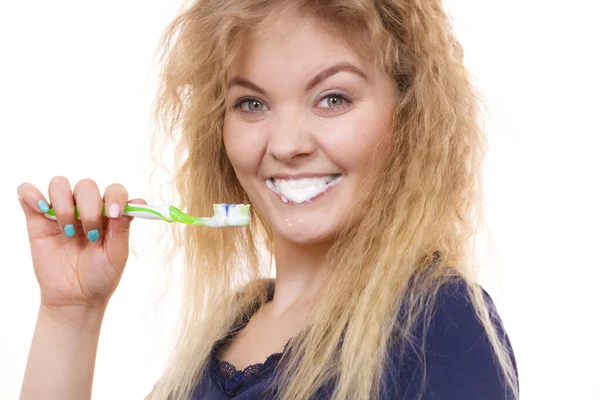 Woman Brushing Cleaning Teeth Positive Girl Toothbrush Oral Hygiene Isolated — Stock Photo, Image