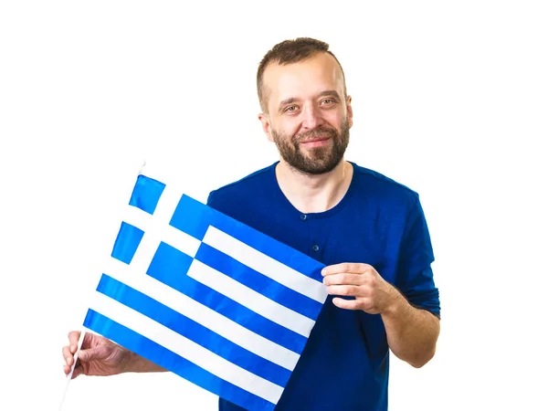 Homem Com Bandeira Acenando Grego Símbolo Nacional Grécia Isolado Branco — Fotografia de Stock