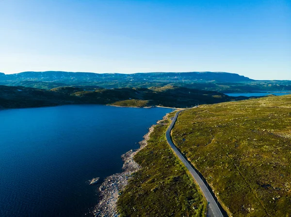 Vista Aerea Strada Che Attraversa Altopiano Hardangervidda Paesaggio Norvegese Itinerario — Foto Stock