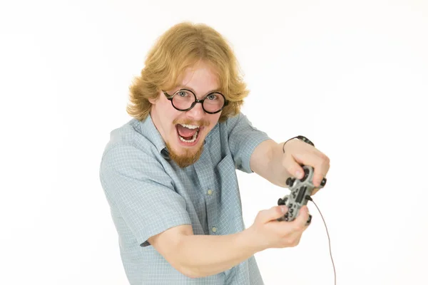 Nerd Geek Jovem Adulto Homem Jogando Console Vídeo Segurando Almofada — Fotografia de Stock