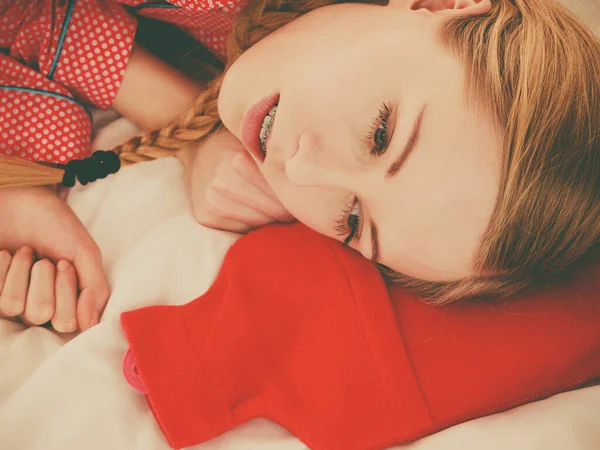 Woman Lying Bed Sleeping Warm Red Hot Water Bottle Fever — Stock Photo, Image