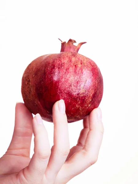 Woman Holding Pomegranate Fruits Hand Isolated White Healthy Eating Cancer — Stock Photo, Image