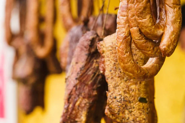 Traditional Food Smoked Sausages Ham Meat Hanging Domestic Smokehouse Strings — Stock Photo, Image