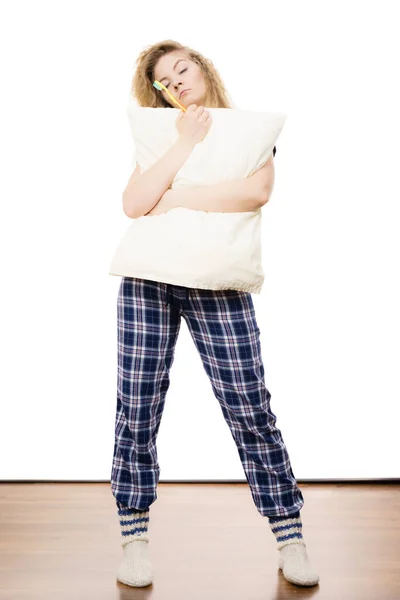 Sleepy Woman Wearing Blue Pajamas Holding Pillow Sleep Outfit Blue — Stock Photo, Image