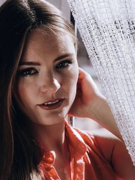 Young Woman Sitting Windowsill Looking Window Enjoying Her Free Time — Stock Photo, Image