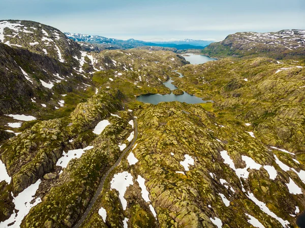 Vista Aerea Paesaggio Norvegese Strada Laghi Rocce Rocciose Montagne Itinerario — Foto Stock