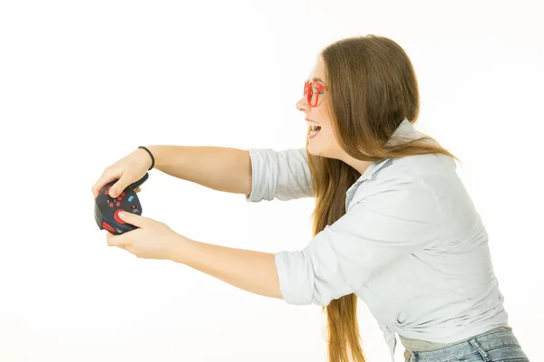 Young Adult Emotional Woman Profile Playing Video Console Holding Game — Stock Photo, Image