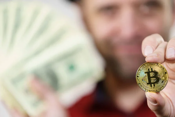 Adult Man Having Bitcoin Coin Hand Comparing Regular Dolar Cash — Stock Photo, Image