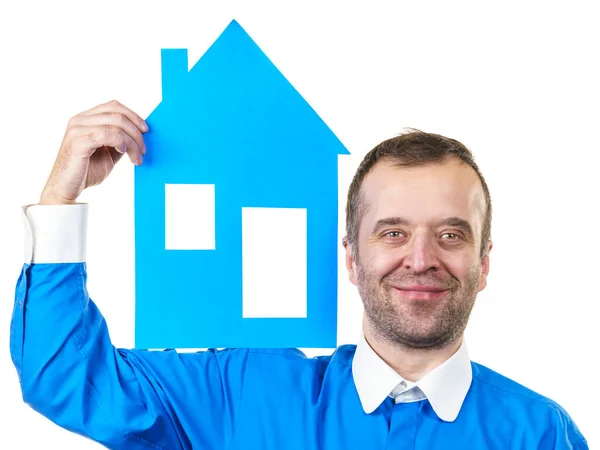 Mann Mit Blauem Hausmodell Immobilienmakler Wohnungseigentümerkonzept Studioaufnahme Auf Weißem Isoliertem — Stockfoto