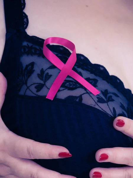 Woman Wih Pink Ribbon Chest Size Mature Female Wearing Black — Stock Photo, Image