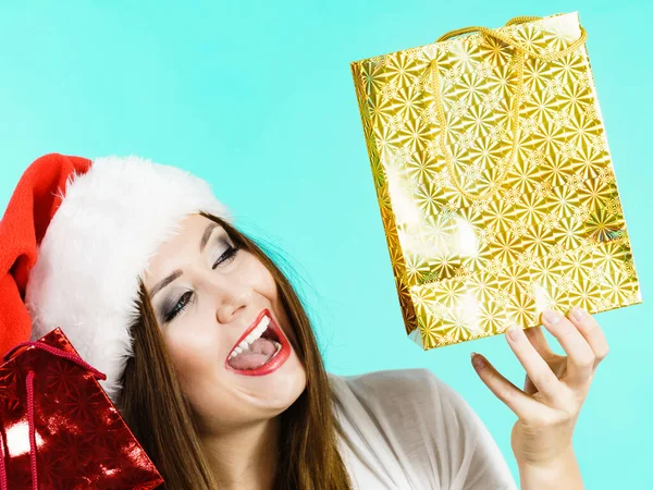 Young Brunette Woman Happy Give Christmas Gifts Female Wearing Santa — Stock Photo, Image