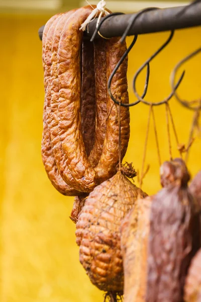 Traditional Food Smoked Sausages Ham Meat Hanging Domestic Smokehouse Strings — Stock Photo, Image