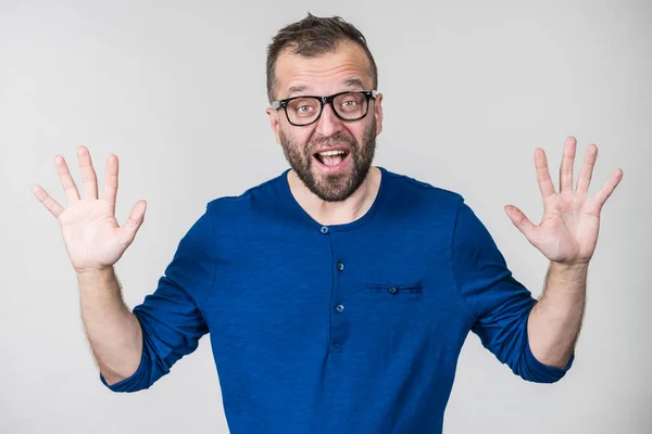 Funny Adult Man Wearing Eyeglasses Guy Folling Gesturing Hands Trying — Stock Photo, Image