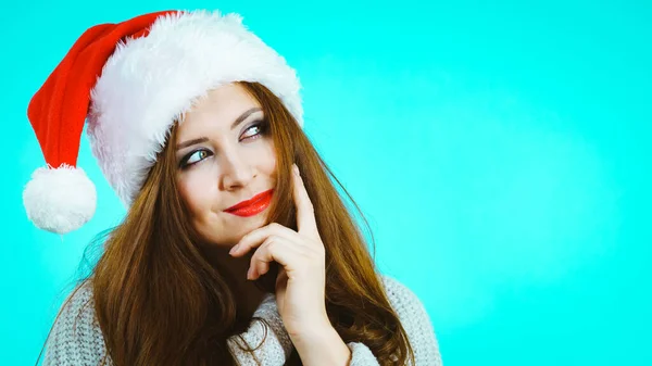 Santa Claus Girl Red Hat Having Idea Christmas Gift Female — Stock Photo, Image