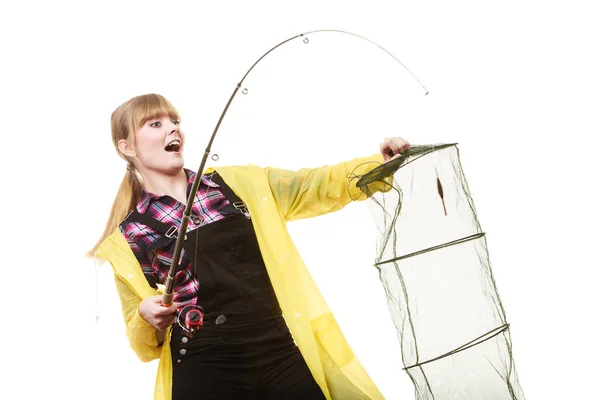 Spinning Angling Cheerful Fisherwoman Concept Happy Woman Yellow Raincoat Holding — Stock Photo, Image