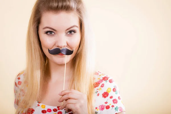 Happy Woman Holding Fake Moustache Stick Having Fun Photo Carnival — Stock Photo, Image