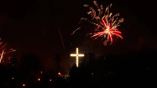 Explosion Feux Artifice Dans Ciel Célébrant Nouvel Dans Ville Gdynia — Photo