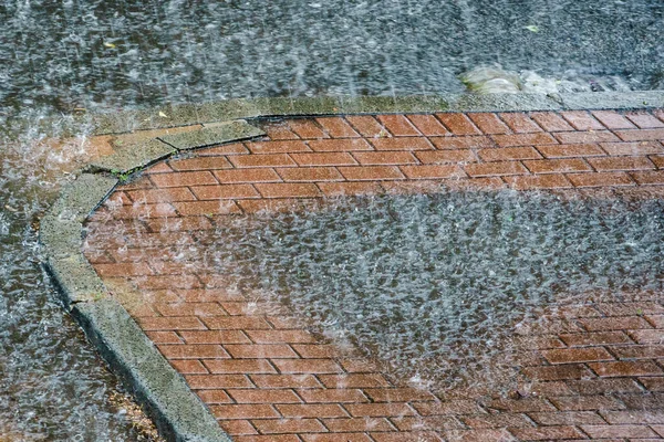 城市的雨 倾盆大雨时大量的雨滴落在街上 水花四溅 洒在路上 秋季季节 — 图库照片