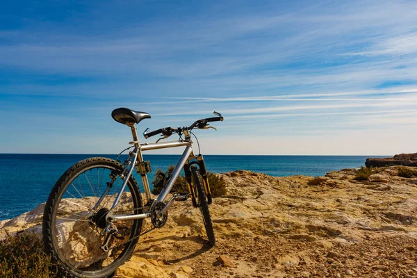 Fiets Buiten Geparkeerd Het Strand Blauwe Hemel Zonnige Dag Vakantie — Stockfoto